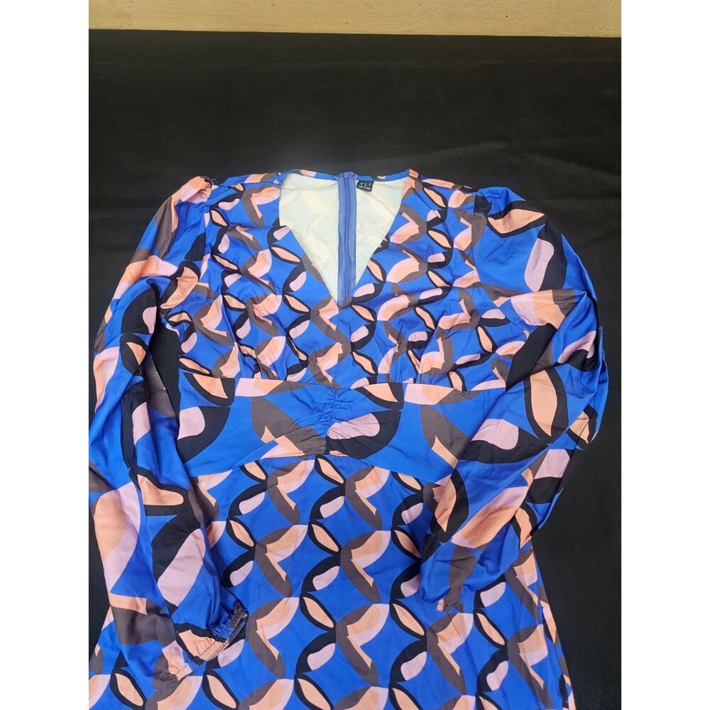 Retro Geometric Print V-Neck Midi Dress (Blue, Pink & Brown)